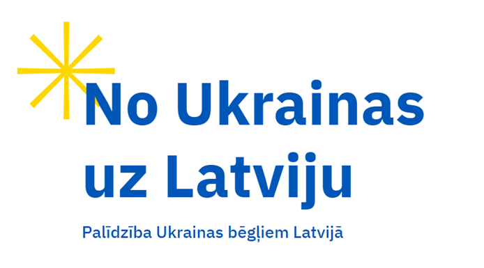 Teksts Ukrainas karoga krāsās: No Ukrainas uz Latviju. Palīdzība Ukrainas bēgļiem Latvijā.