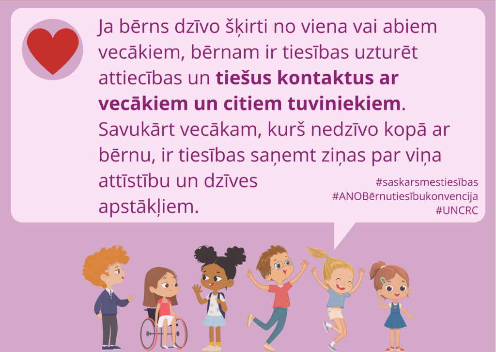 Lillā fons. Ilustratīvi attēloti seši priecīgi, dažāda izskata bērni. Virs viņiem domu burbulī ir ikona ar sarkanu sirsniņu, kā arī teksts: "Ja bērns dzīvo šķirti no viena vai abiem vecākiem, bērnam ir tiesības uzturēt attiecības un tiešus kontaktus ar vecākiem un citiem tuviniekiem. Savukārt vecākam, kurš nedzīvo kopā ar bērnu, ir tiesības saņemt ziņas par viņa attīstību un dzīves apstākļiem."