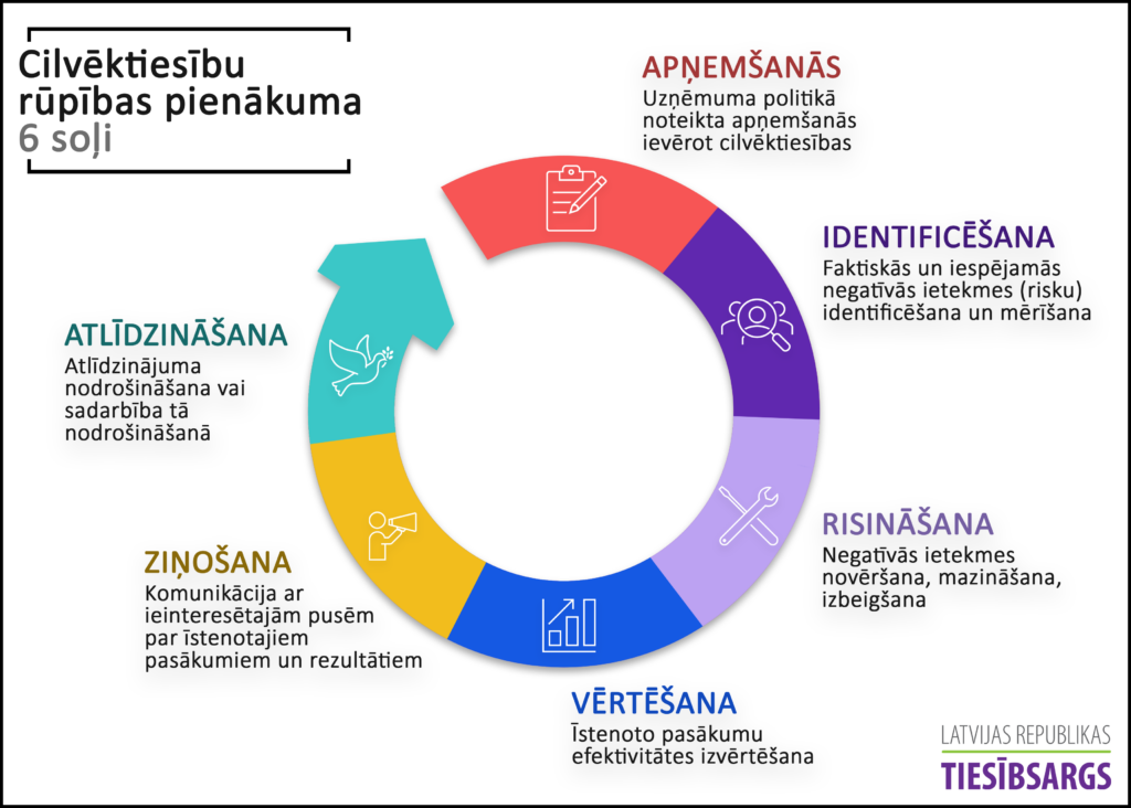 Infografikā attēloti cilvēktiesību rūpības pienākuma 6 soļi. Tie izkārtoti aplī, lai parādītu šī procesa nepārtrauktību.
Pirmais solis ir apņemšanās, proti, uzņēmuma politikā noteikta apņemšanās ievērot cilvēktiesības.
Otrais solis ir identificēšana, proti, faktiskās un iespējamās negatīvās ietekmes jeb risku identificēšana un mērīšana.
Trešais solis ir risināšana, proti, negatīvās ietekmes novēršana, mazināšana un izbeigšana.
Ceturtais solis ir vērtēšana, proti, īstenoto pasākumu efektivitātes izvērtēšana.
Piektais solis ir ziņošana, proti, komunikācija ar ieinteresētajām pusēm par īstenotajiem pasākumiem un rezultātiem.
Sestais solis ir atlīdzināšana, proti, atlīdzinājuma nodrošināšana vai sadarbība tā nodrošināšanā.
