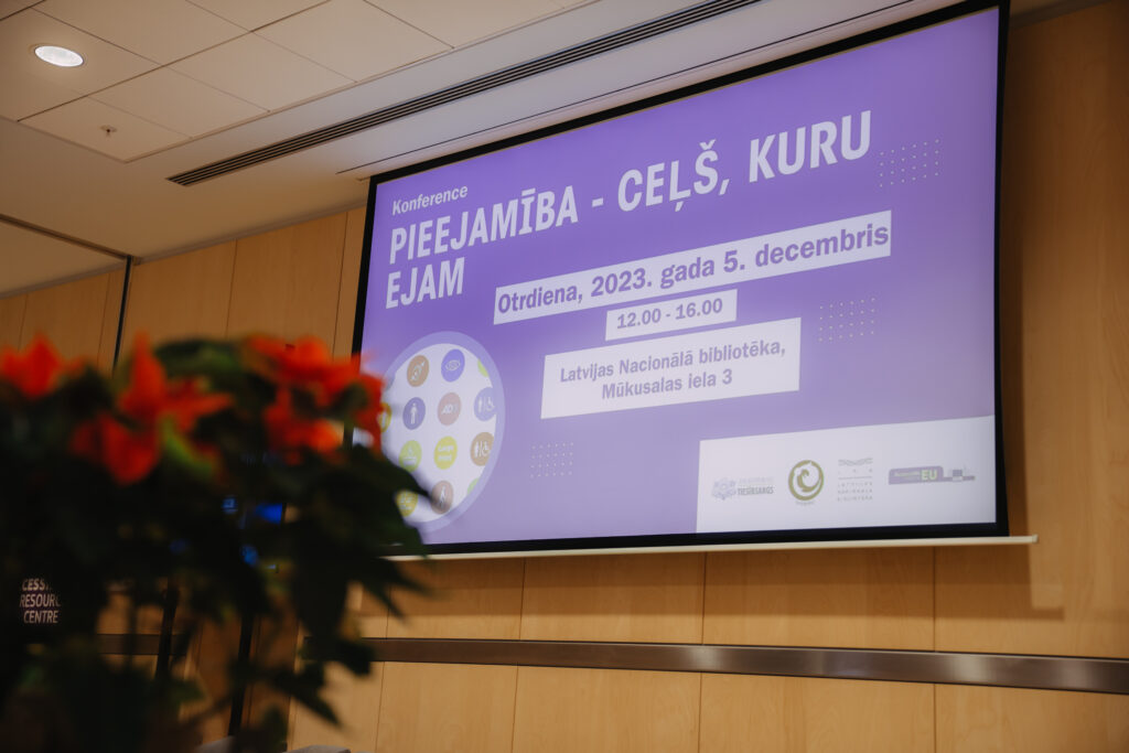 Konference Pieejamība ceļš, kuru ejam logo uz ekrāna, 2023. gada 5. decembris 12.00 - 16.00 Latvijas Nacionālā bibliotēka, Mūkusalas iela 3