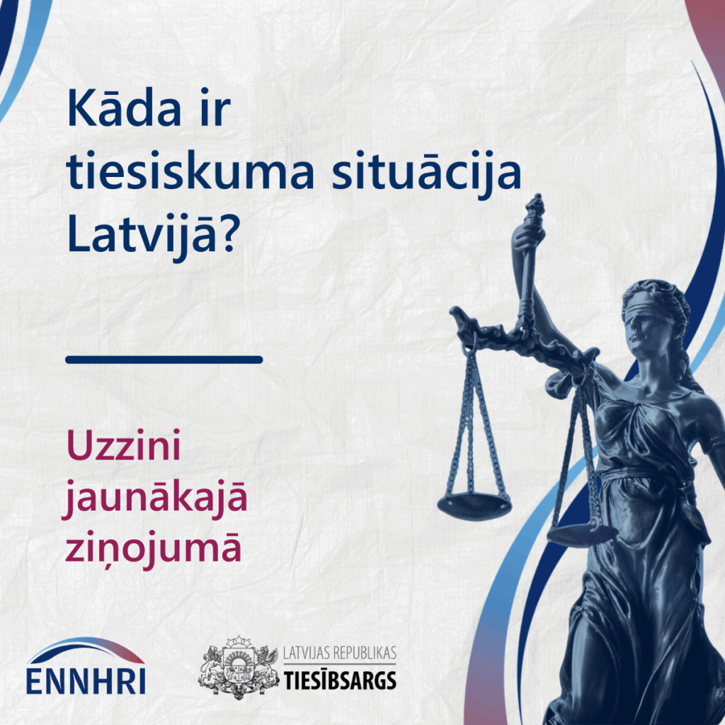 Dekoratīvs attēls ar tekstu. Attēlā Temīda. Teksts: Kāda ir tiesiskuma situācija Latvijā? Uzzini jaunākajā ziņojumā.