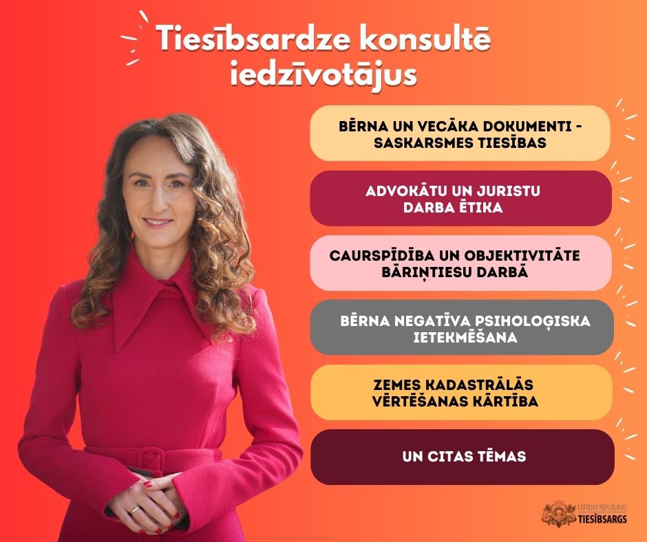 Attēls ar tekstu. Attēlā tiesībsardze Karina Palkova. Teksts: Tiesībsardze konsultē iedzīvotājus. Tēmu uzskaitījums: Bērna un vecāka dokumenti - saskarsmes tiesības;Advokātu un juristu darba ētika; Caurspīdība un objektivitāte bāriņtiesu darbā; Bērna negatīva psiholoģiska ietekmēšana; zemes kadastrālās vērtēšanas kārtība; Un citas tēmas.