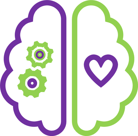 Smadzeņu ikona, kas sadalīta uz pusēm. Kreisajā, violetajā pusē ir divi zaļi zobrati, bet labajā, zaļajā pusē ir violeta sirds.