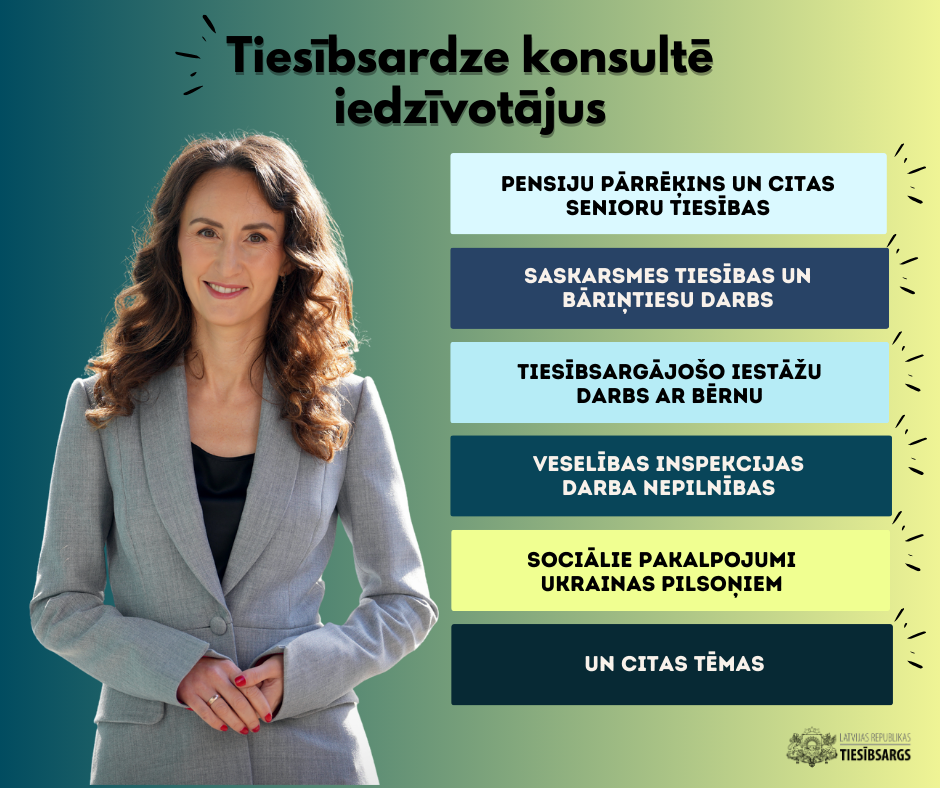 Tiesībsardze konsultē iedzīvotājus: pensiju pārrēķins un citas senioru tiesības, saskarsmes tiesības un bāriņtiesu darbs, tiesībsargājošo iestāžu darbs ar bērnu, veselības inspekcijas darba nepilnības, sociālie pakalpojumi Ukrainas pilsoņiem un citas tēmas