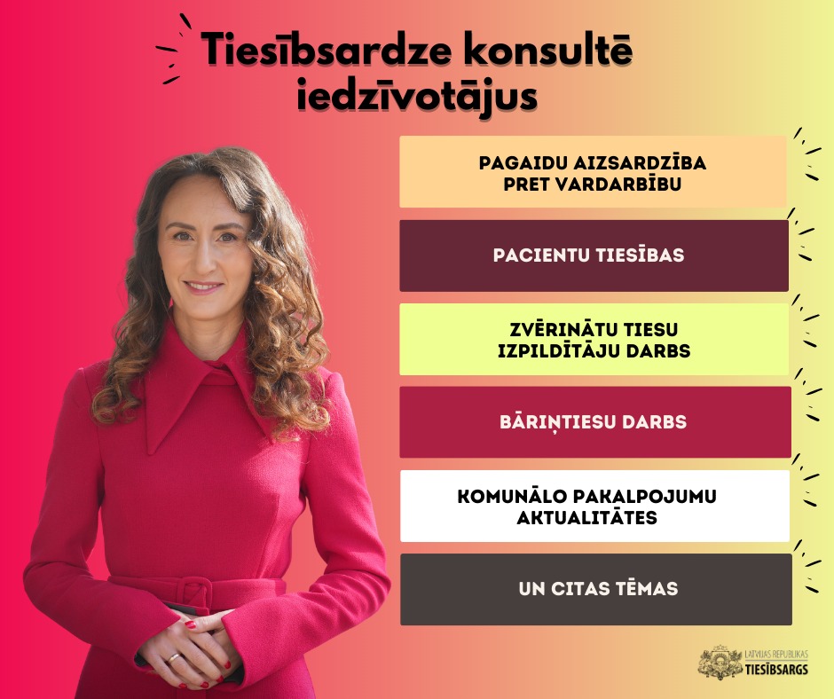 Tiesībsardze Karina Palkova konsultē iedzīvotājus par pagaidu aizsardzību pret vardarbību, pacientu tiesībām, zvērinātu tiesu izpildītāju darbu, bāriņtiesu darbu, komunālo pakalpojumu aktualitātēm un citām tēmām.